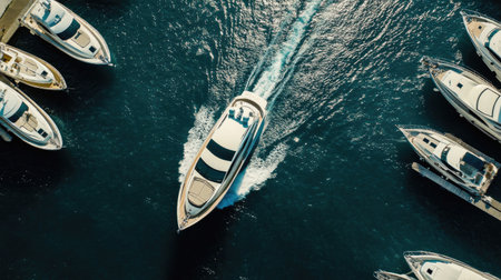 Overhead shot of a fast boat maneuvering through a marina, with docks, sailboats, and luxury yachts seen from above on a sunny day.の素材