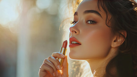 A woman with perfect makeup holding a lipstick up to her lips, contemplating the application in a soft, natural light setting.の素材