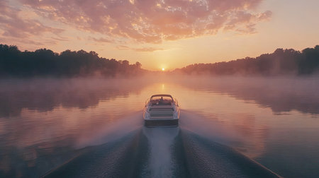 Overhead view of a high-performance boat slicing through a calm lake at sunrise, with mist rising from the waters surface and a pink sky above.の素材