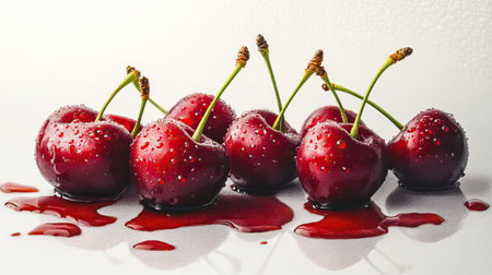 Fresh cherries with stems still attached, glistening with water droplets against a white backdrop.の素材