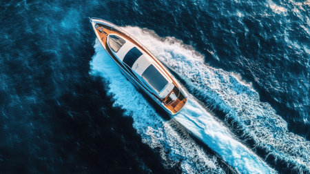 Fast boat cruising at high speed on the open sea, viewed from above, with whitecaps forming on the ocean waves around it.の素材
