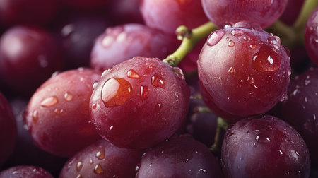 Close-up of a bunch of grapes with droplets of water, highlighting their bright color and freshness.の素材
