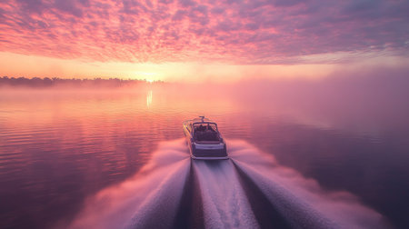 Overhead view of a high-performance boat slicing through a calm lake at sunrise, with mist rising from the waters surface and a pink sky above.の素材