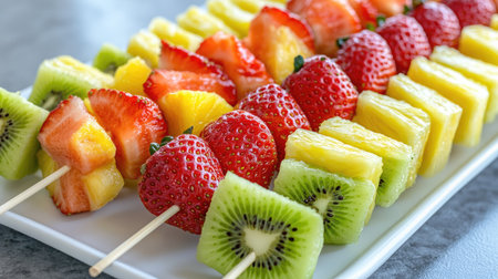 Bright, colorful fruit skewers with strawberries, kiwi, and pineapple chunks, arranged on a white platter.の素材