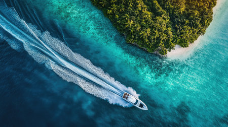 High-altitude view of a speedboat zooming past a tropical island, creating a dynamic wake in the clear blue waters of the Caribbean.の素材
