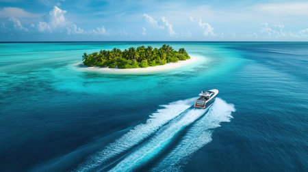 High-altitude view of a speedboat zooming past a tropical island, creating a dynamic wake in the clear blue waters of the Caribbean.の素材