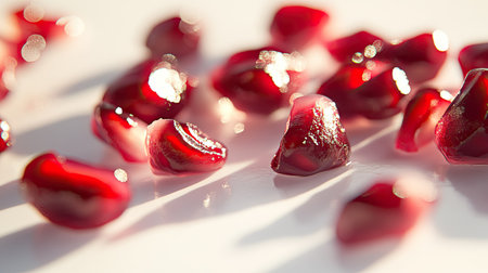 Close-up of pomegranate seeds glistening with juice, scattered across a bright white surface.の素材
