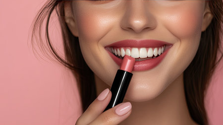 A woman holding a lipstick tube with an elegant manicure, her lips slightly parted as she smiles.の素材