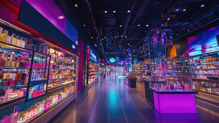 A wide shot of a department stores makeup and fragrance section in the capital city, with bright lights and colorful displays.の素材