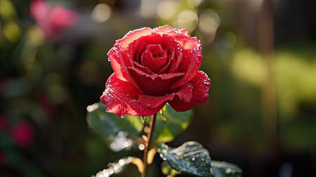A vibrant red rose with water droplets on its petals, symbolizing love and passion, captured in soft morning light.の素材