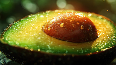 Close-up of a ripe avocado with its bright green flesh and brown seed, placed on a contrasting background.の素材