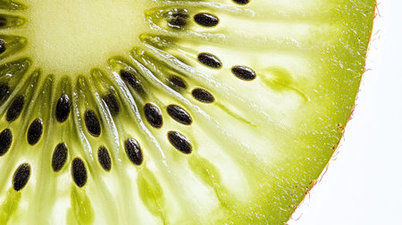 Close-up of a sliced kiwi with its vivid green flesh and tiny black seeds, creating a striking contrast against a white background.の素材