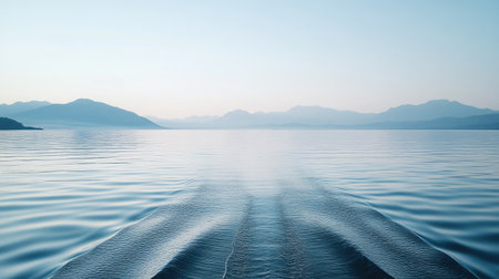 High-angle view of a speedboat skimming the surface of a calm bay, with gentle ripples and distant mountains on the horizon.の素材