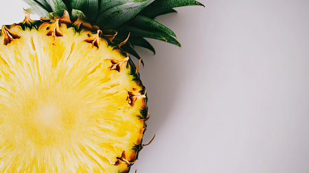 Close-up of a freshly sliced pineapple with its bright yellow flesh and green leaves, placed on a white background.の素材