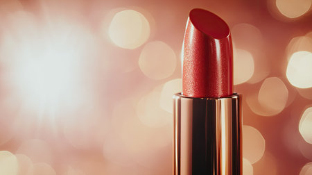 A close-up of a luxury lipstick tube being twisted up to reveal its rich, creamy color against a blurred background.の素材
