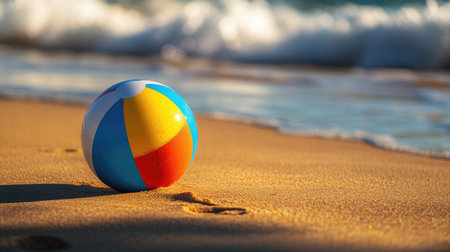 A close-up of a single, brightly colored beach ball resting on golden sand, with waves gently lapping in the background.の素材