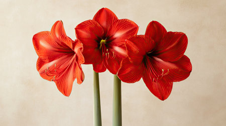 A bright red amaryllis in full bloom, with its large, trumpet-shaped flowers standing out against a neutral background.の素材