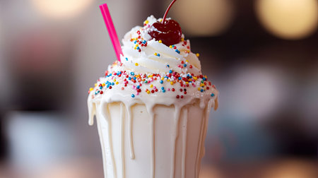 A close-up of a decadent milkshake topped with whipped cream, sprinkles, and a cherry.の素材