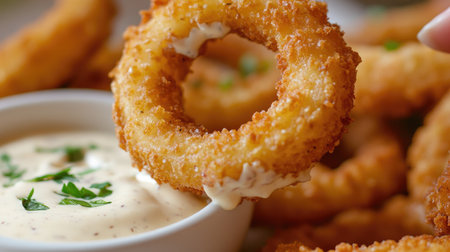 A close-up of a crispy fried onion ring being dipped into a creamy ranch sauce.の素材