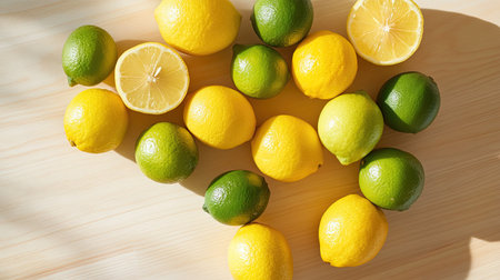 A bunch of bright yellow lemons and green limes scattered on a light wooden surface, evoking a fresh, citrus scent.の素材