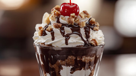 A close-up of a hot fudge sundae topped with whipped cream, nuts, and a cherry on top.の素材