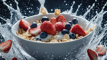 A bowl of crunchy cereal topped with fresh strawberries and blueberries, with a splash of milk.の素材