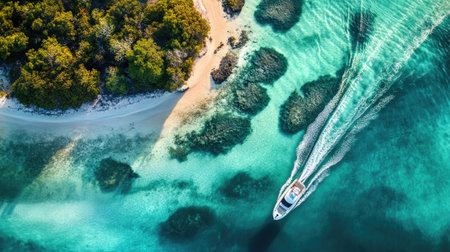 Aerial view of a high-speed boat navigating around small islands, creating swirling patterns in the shallow, crystal-clear water.の素材