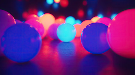 A group of bright neon-colored balls glowing under black light, creating a dramatic, vivid effect.の素材