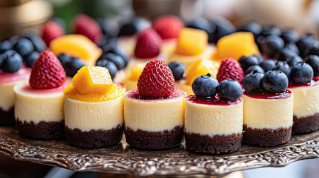 A collection of mini cheesecakes with various fruit toppings like blueberries, strawberries, and mango, elegantly arranged on a platter.の素材