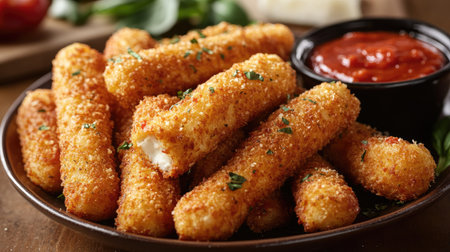 A large plate of crispy, golden mozzarella sticks with marinara sauce for dipping.の素材
