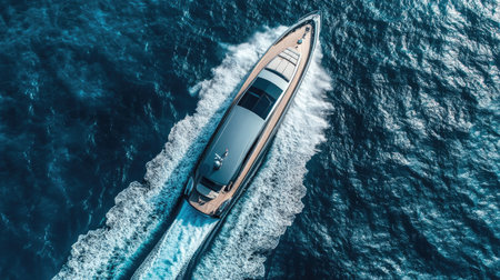 Fast boat cruising at high speed on the open sea, viewed from above, with whitecaps forming on the ocean waves around it.の素材