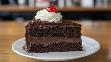 A large slice of double chocolate fudge cake with a dollop of whipped cream and a cherry on top.の素材