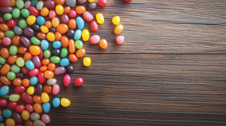 A pile of colorful jellybeans scattered across a wooden table, creating a fun, playful vibe.の素材