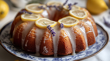 A lemon drizzle cake with a shiny glaze, topped with thin lemon slices and lavender sprigs, set on a vintage ceramic plate.の素材