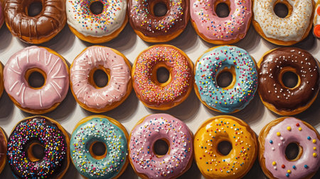 A tray of assorted doughnuts with colorful icing and sprinkles, arranged in a playful pattern.の素材