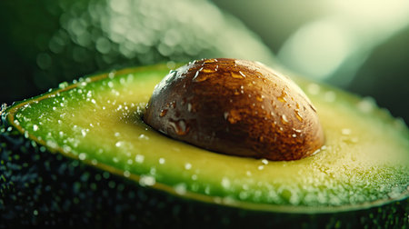 Close-up of a ripe avocado with its bright green flesh and brown seed, placed on a contrasting background.の素材