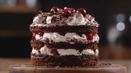 A stunning black forest cake with layers of chocolate sponge, whipped cream, and cherry filling, topped with shaved chocolate.の素材