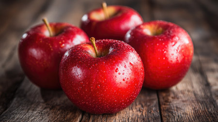 Bright red apples with a dewy, fresh appearance, grouped together on a rustic wooden table.の素材
