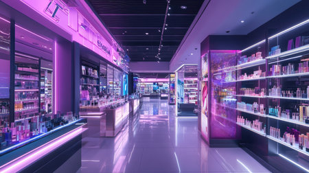 A wide shot of a department stores makeup and fragrance section in the capital city, with bright lights and colorful displays.の素材