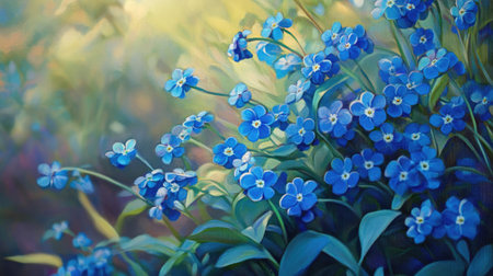 A vibrant bouquet of bright blue forget-me-nots, their tiny flowers adding a pop of color to a spring garden scene.の素材