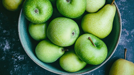 Bright green apples and pears placed together in a bowl, creating a fresh, crisp visual appeal.の素材