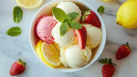 A bowl of gelato with scoops of lemon, strawberry, and mint, garnished with fresh mint leaves and fruit slices.の素材