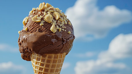 A close-up of a hand-dipped chocolate ice cream cone with a sprinkle of crushed peanuts, set against a summer sky.の素材