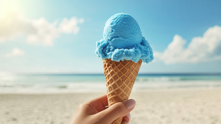 A hand holding an ice cream cone with a scoop of bright blue bubblegum flavor, set against a sunny beach background.の素材