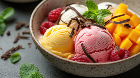 A bowl of ice cream with scoops of mango, vanilla, and raspberry, garnished with mint leaves and chocolate curls.の素材