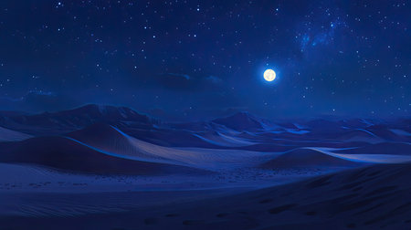 A desert landscape at night, with sand dunes under a blanket of stars and a glowing moon illuminating the scene.の素材