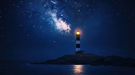 A coastal lighthouse beaming its light across a dark ocean under a star-filled sky, with the Milky Way above.の素材