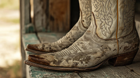 A close-up of a pair of worn cowboy boots with detailed stitching, sitting on a porch step.の素材