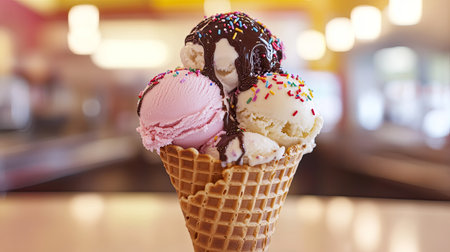 A close-up shot of a waffle cone filled with three scoops of different ice cream flavors, with rainbow sprinkles and a drizzle of chocolate syrup.の素材