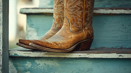 A close-up of a pair of worn cowboy boots with detailed stitching, sitting on a porch step.の素材